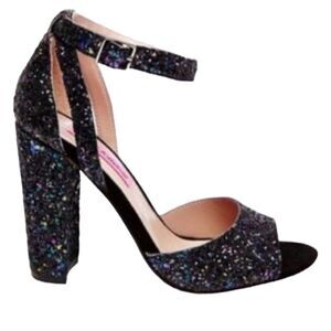 BETSEY JOHNSON Platform Block Heels Glissten Black Rainbow Glitter Metallic  7‎
